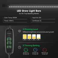 VIVOSUN LED Grow Light Bars, 5000K, 12W/C, with timer and dimming for seedling starters.