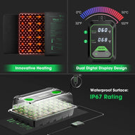 Vivosun seedling tray kit with heat mat, thermostat, and dome. Digital display shows real and set temperatures.