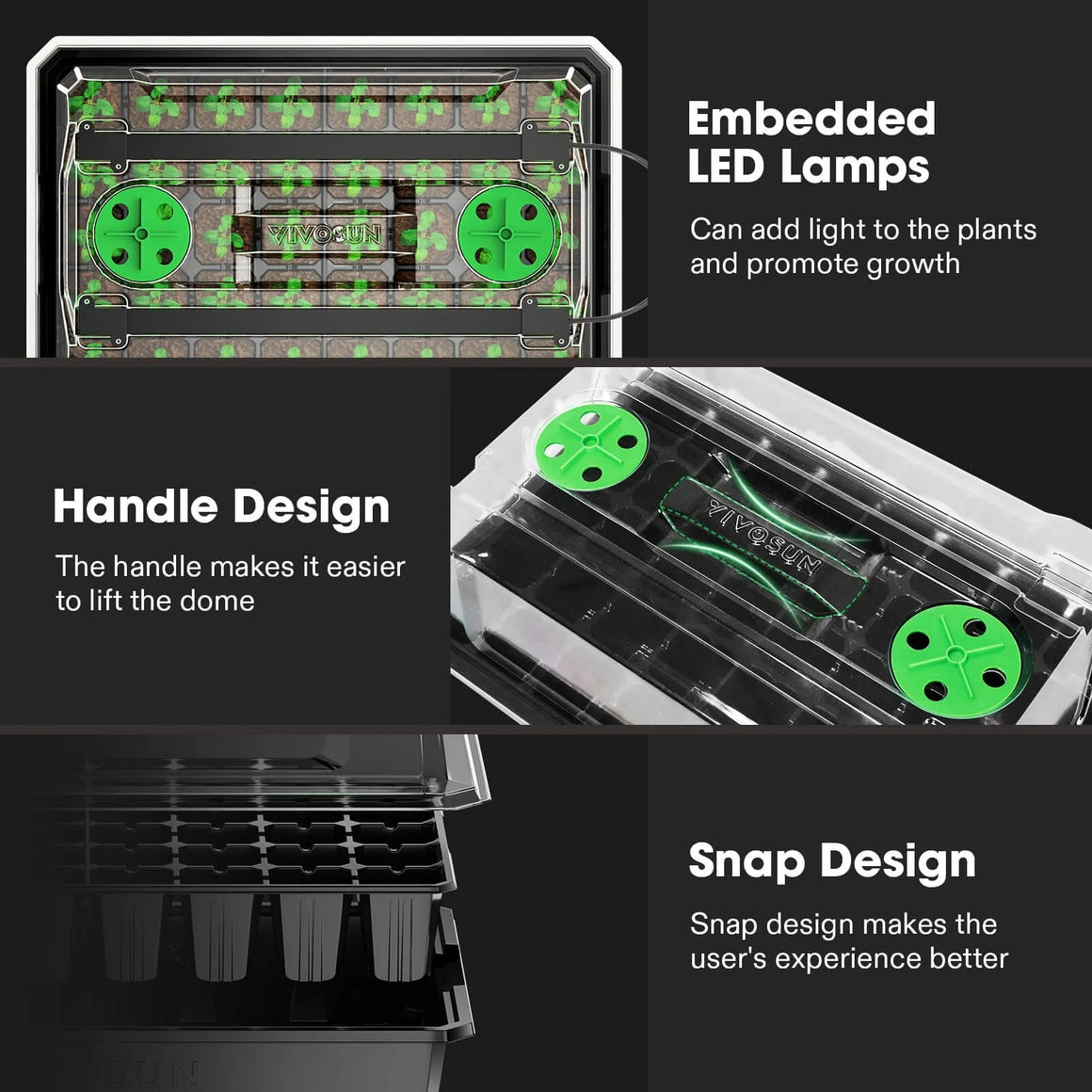 Vivosun seedling tray kit with embedded LED grow lights, handle, and snap design.