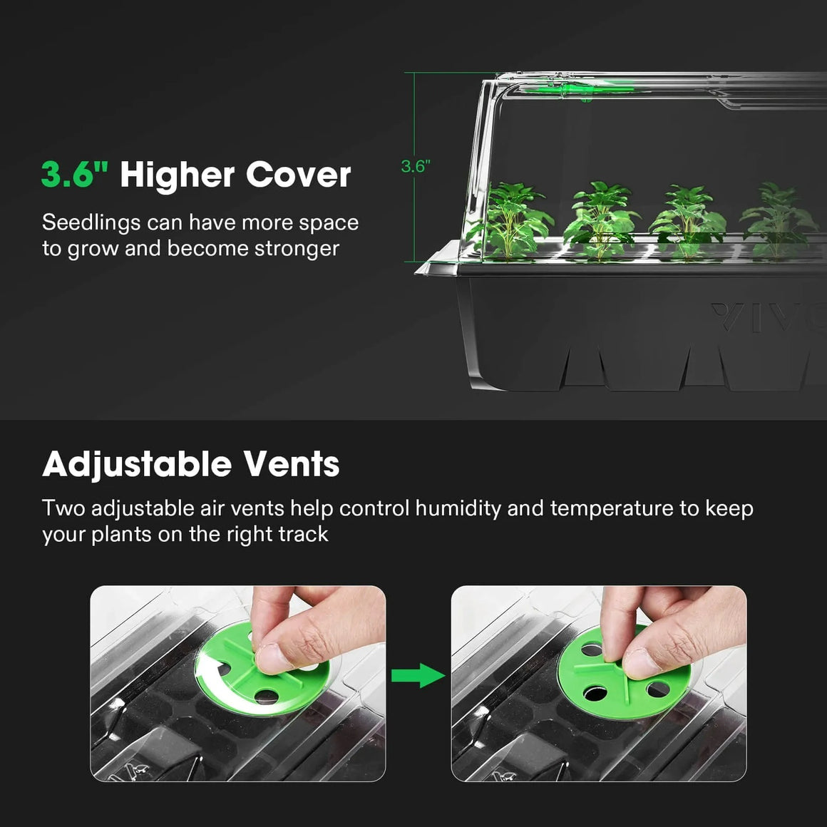 Seedling tray with 3.6" high cover & adjustable vents. Ideal for plant growth.