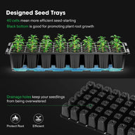 Vivosun 40-cell black seedling tray kit with drainage holes and healthy young plants.
