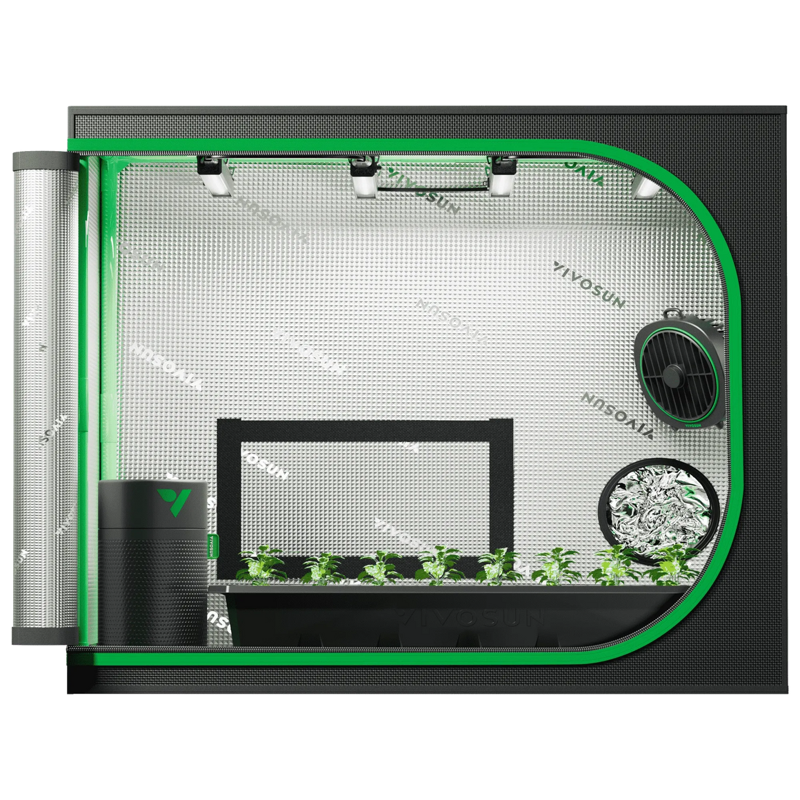 Vivosun grow tent kit with seedlings, lights, fan, and filter.