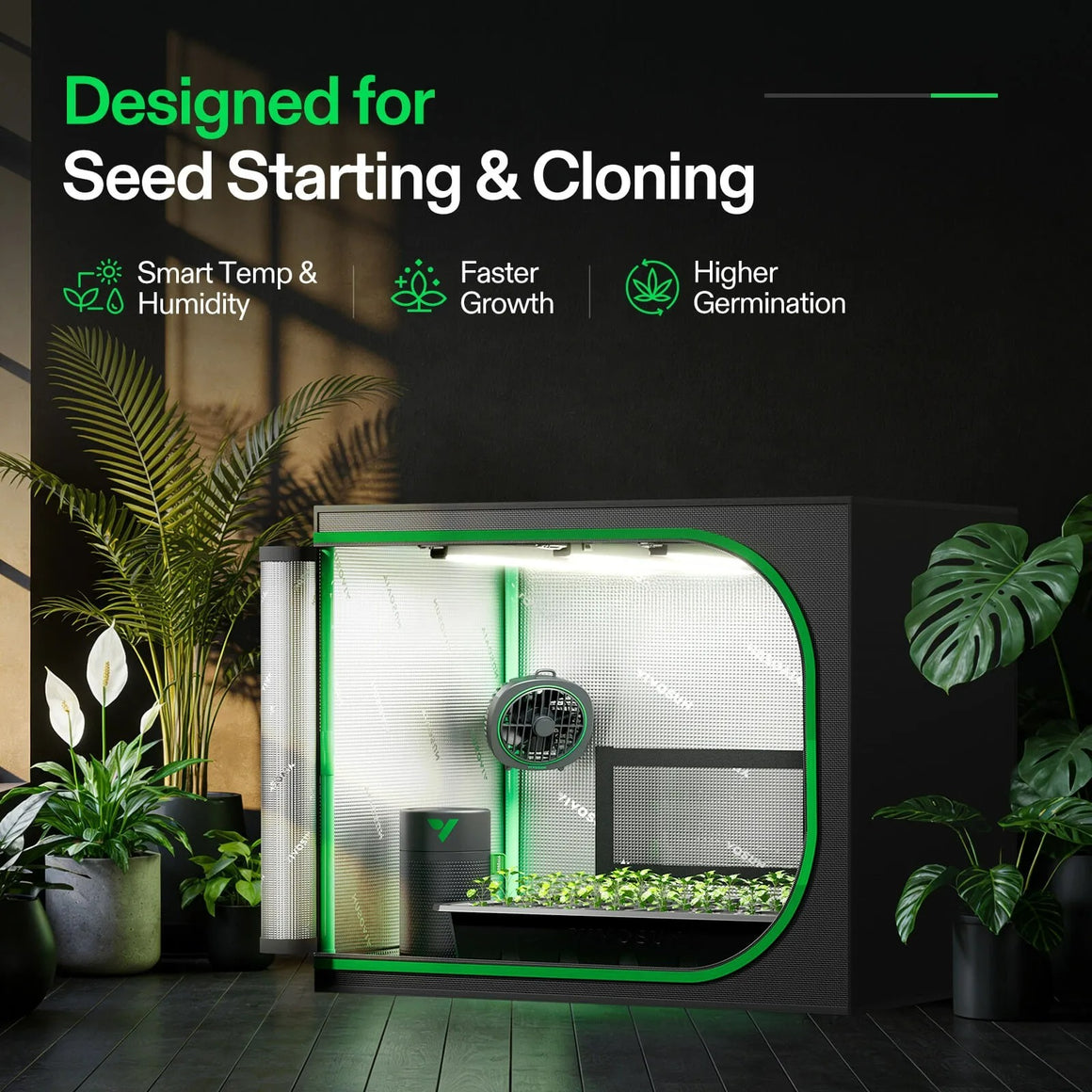 Vivosun 40-cell clone tent kit with LED lights, fan, & plants for seed starting.