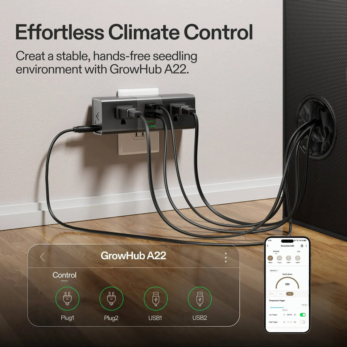 GrowHub A22 climate controller with multiple plugs and USB ports, managed via smartphone app.