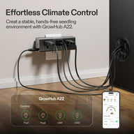 GrowHub A22 climate controller with multiple plugs and USB ports, managed via smartphone app.