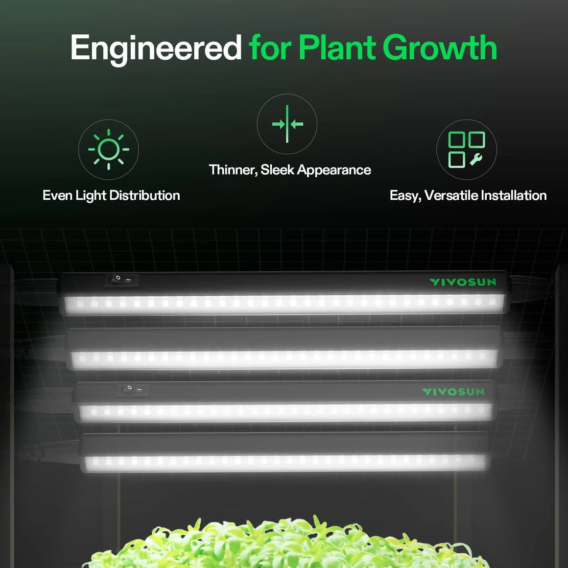 VIVOSUN LED grow lights illuminate seedlings in a tent for plant growth.