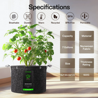 Tomato plant in a VIVOSUN 7-gallon fabric grow bag with specifications listed.
