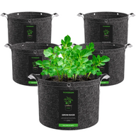 Black felt VIVOSUN grow bags with silver handles, some with green plants.