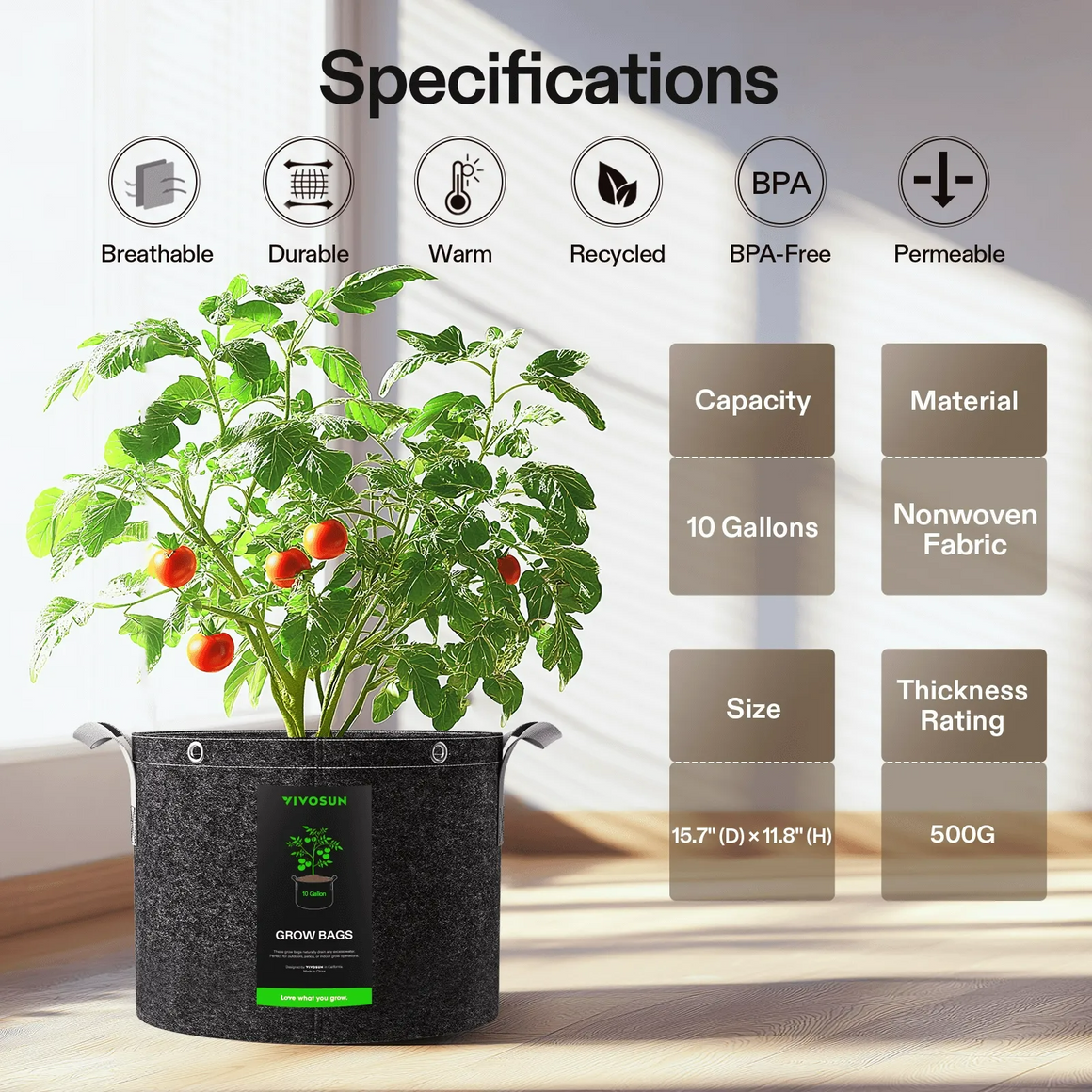Vivosun black fabric grow bags with tomato plant, showing specifications for size, capacity, and material.