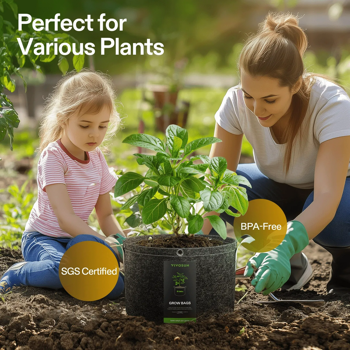 Vivosun 5-pack black fabric grow bags, woman & child planting, "Perfect for Various Plants" text.