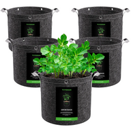Five black VIVOSUN fabric grow bags with metal handles and green bottoms, one with green plants.