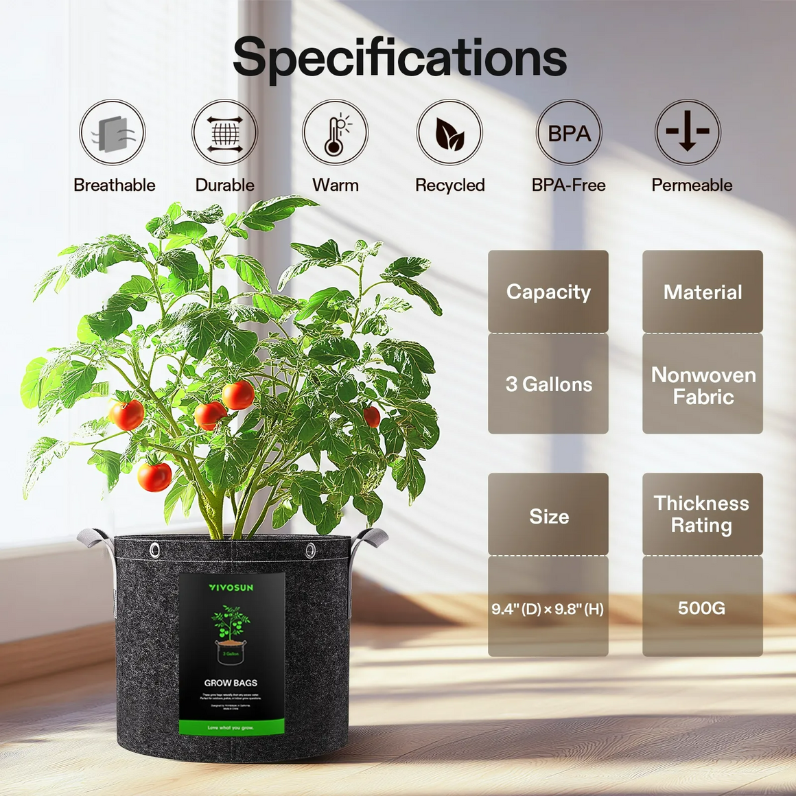 VIVOSUN 3-gallon black fabric grow bag with plant and tomatoes, features BPA-free, breathable, durable, warm, recycled, and permeable.