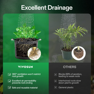 VIVOSUN fabric grow bags show healthy roots vs. others with weak, intertwined roots.