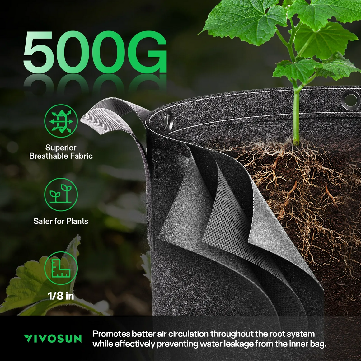 VIVOSUN 500G fabric grow bags: superior breathable fabric, safer for plants, 1/8 inch.