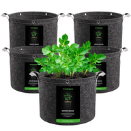 Vivosun 5-pack black fabric grow bags with handles and planted potato sprouts.