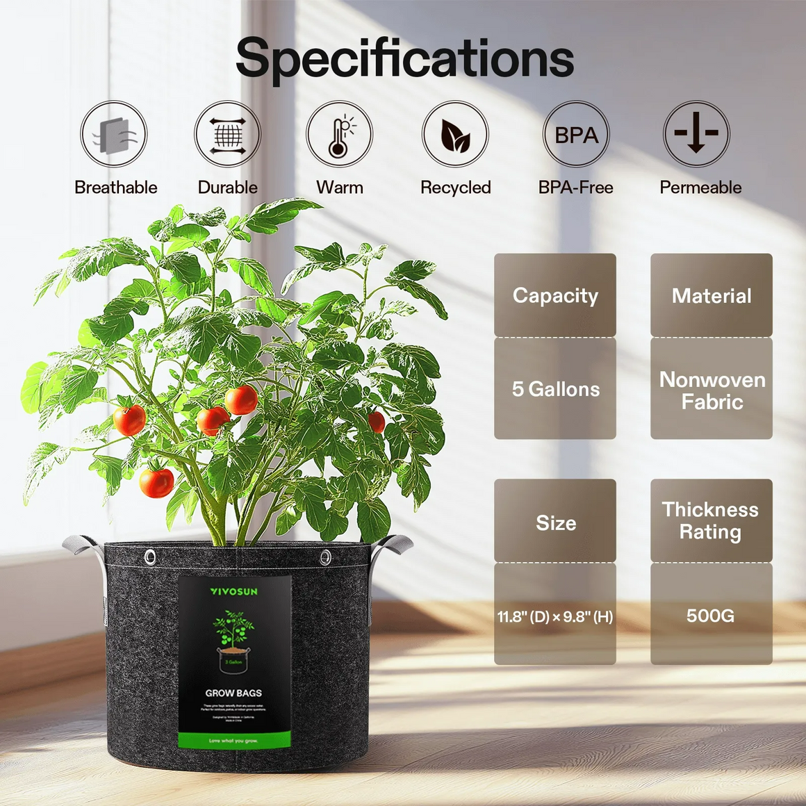 Black VIVOSUN fabric grow bags with tomato plant, showing specifications: 5-gallon capacity, nonwoven fabric, 11.8" diameter x 9.8" height, 500G thickness.