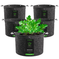 5-pack Vivosun black fabric grow bags with metal handles, one filled with green plants and soil.