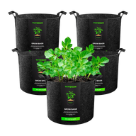 VIVOSUN 5-pack 10-gallon grow bags, one filled with thriving green plants, on a black background.