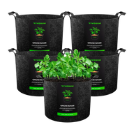 VIVOSUN 5-pack 1-gallon fabric grow bags, one filled with potato plants.