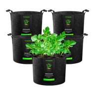 Vivosun 5-pack 20-gallon fabric grow bags, featuring a thriving plant with green leaves.