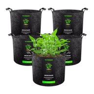 Vivosun 5-pack, 2-gallon fabric grow bags, one filled with a lush green plant.