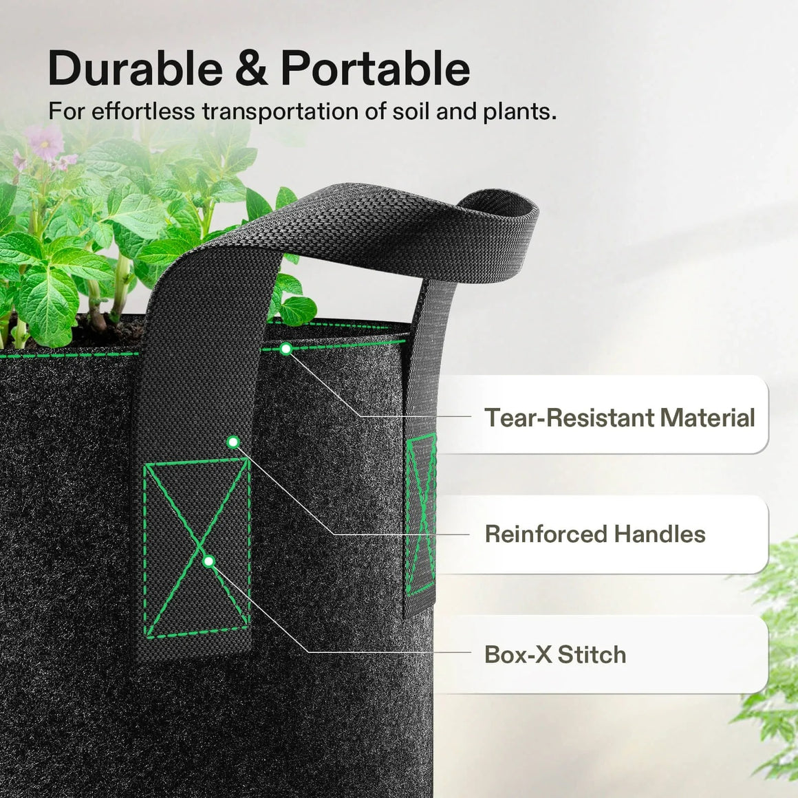 Black felt grow bag with reinforced handles and green stitching. "Durable & Portable" text.