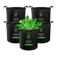 Vivosun 5-pack 3-gallon felt grow bags with young potato plants.