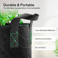 Black felt grow bag with reinforced handles and green stitching. 