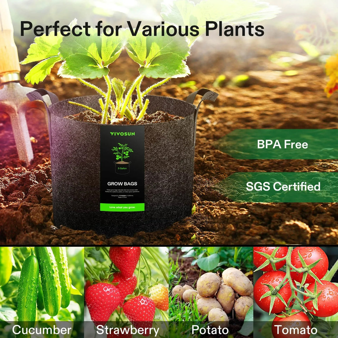 VIVOSUN grow bags perfect for various plants, BPA Free, SGS certified. Bottom images show cucumbers, strawberries, potatoes, and tomatoes.