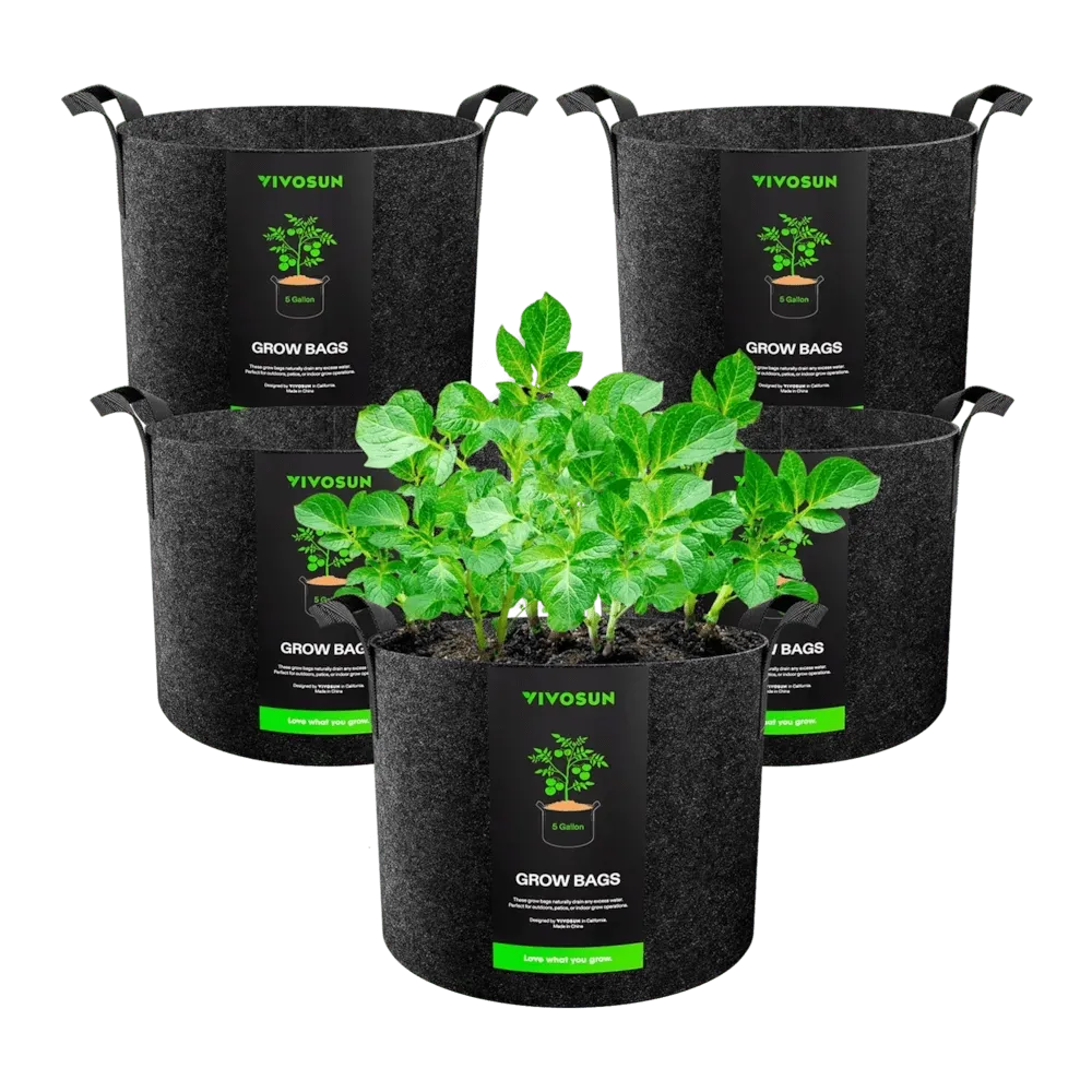 Vivosun 5-pack 5-gallon grow bags with lush green plants in the foreground.