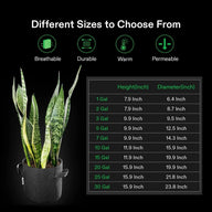Vivosun grow bags with snake plant. Size chart details height & diameter of 1-30 gal bags.