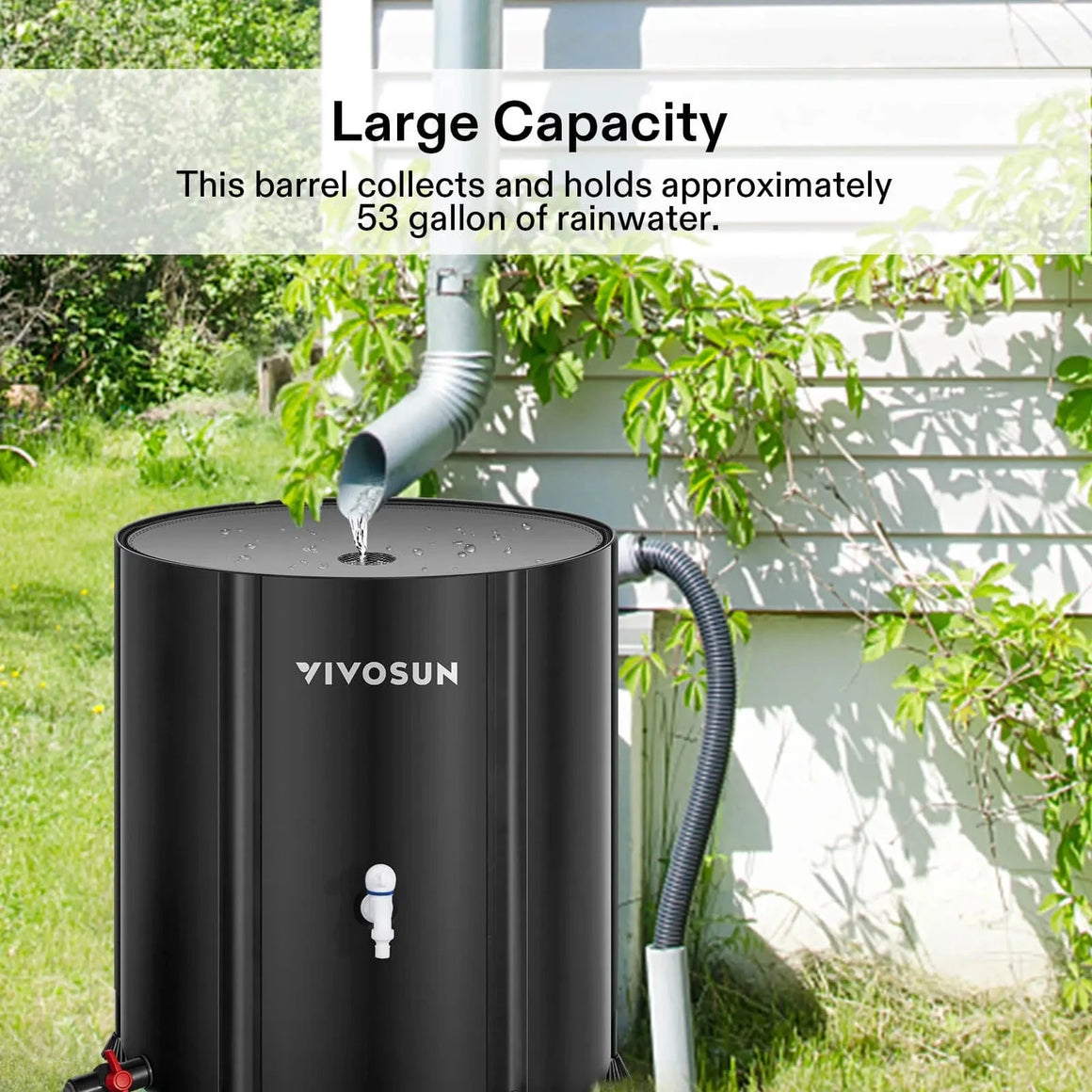 Vivosun 53-gallon black collapsible rain barrel collecting water from a downspout in a garden.