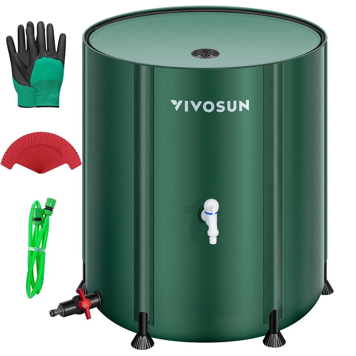 VIVOSUN dark green 53-gallon collapsible rain barrel with mesh filter, gloves, scoops, hose, and two spigots.