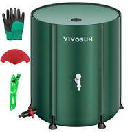VIVOSUN dark green 53-gallon collapsible rain barrel with mesh filter, gloves, scoops, hose, and two spigots.
