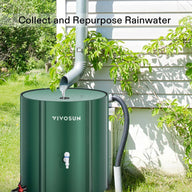 Green Vivosun 53-gallon collapsible rain barrel collects rainwater from a downspout next to a house.