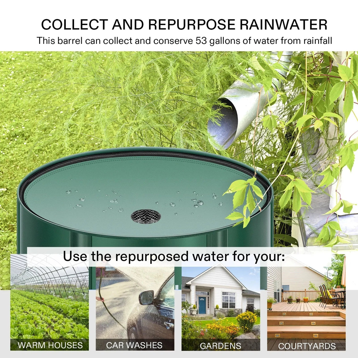 Green 53-gallon rain barrel collecting rainwater from a downspout, with images showing uses for gardens, car washes, and homes.