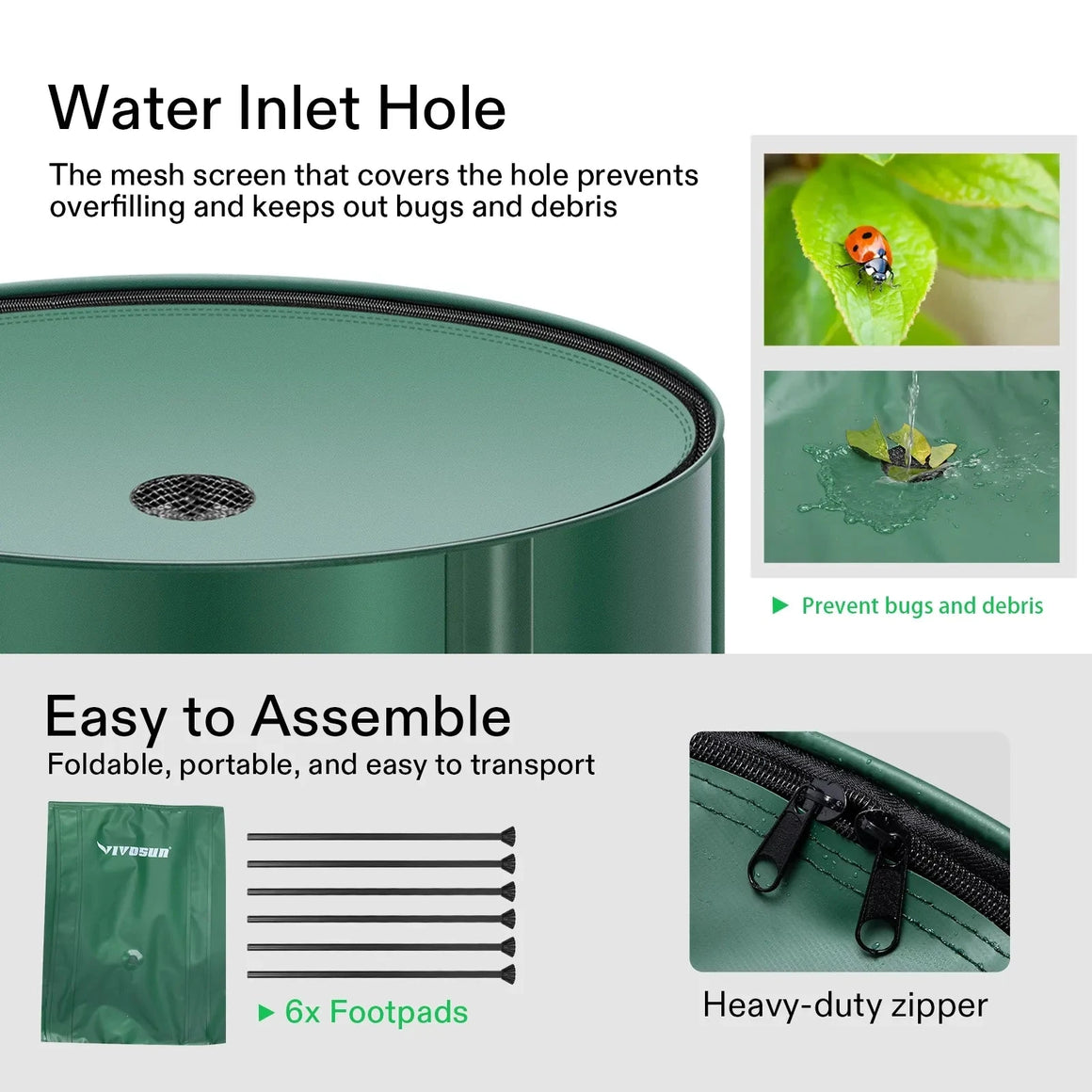 Green Vivosun collapsible rain barrel: mesh water inlet, heavy-duty zipper, footpads. Prevents bugs & debris, easy assembly.