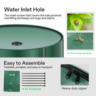 Green Vivosun collapsible rain barrel: mesh water inlet, heavy-duty zipper, footpads. Prevents bugs & debris, easy assembly.