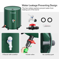 VIVOSUN 53-gallon green collapsible rain barrel with faucet, drain valve, overflow port, and leakage prevention parts.