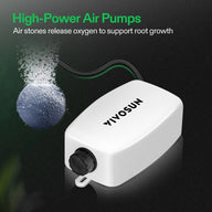 VIVOSUN air pump releases oxygen from an air stone for hydroponic root growth.