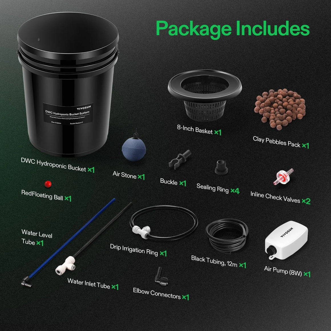 VIVOSUN 5-gallon DWC hydroponic kit includes bucket, basket, air pump, tubing, and accessories for growing plants.