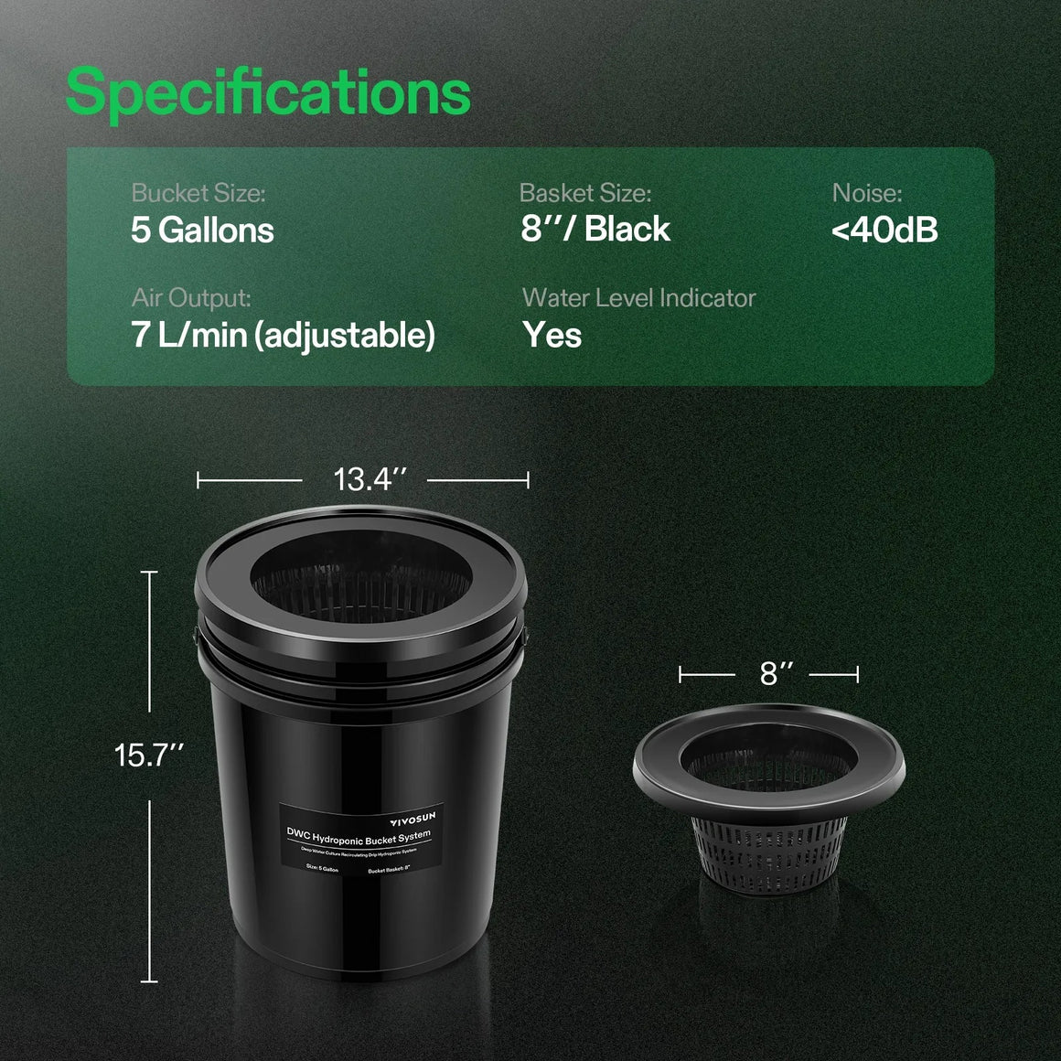 VIVOSUN 5-gallon DWC hydroponic system bucket (15.7" H x 13.4" W) with an 8" black net pot.