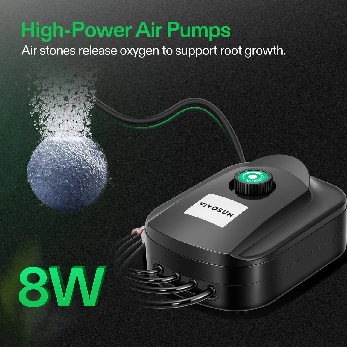 Black Vivosun air pump with air stone producing bubbles, 8W power, and air control knob.
