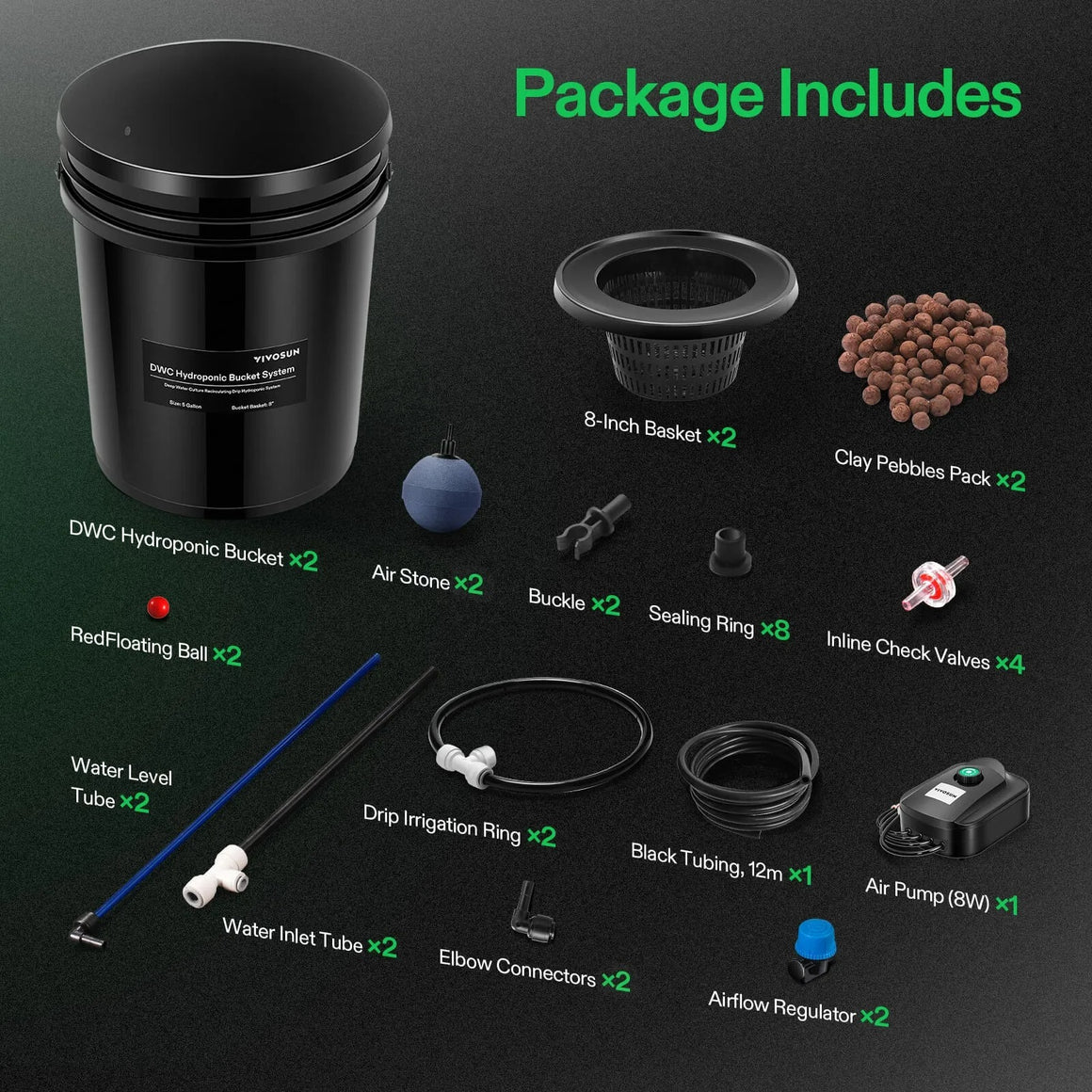 VIVOSUN 5-gallon DWC hydroponic bucket system kit. Includes 2 buckets, baskets, clay pebbles, air pump, and more.