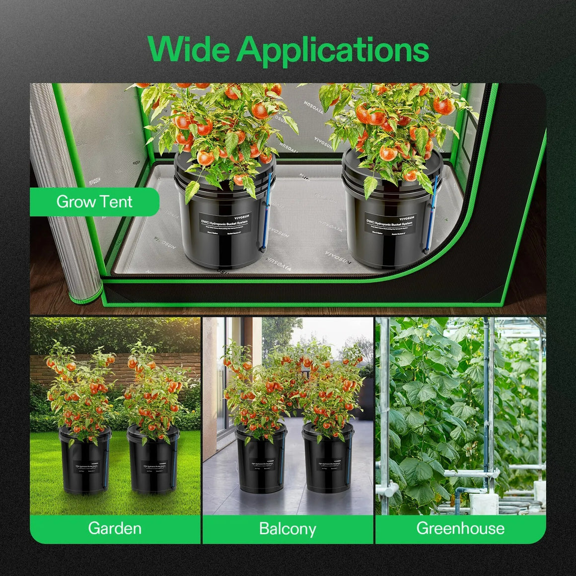 Vivosun 5-gallon DWC hydroponic system kit with two buckets in a grow tent, garden, balcony, and greenhouse applications.