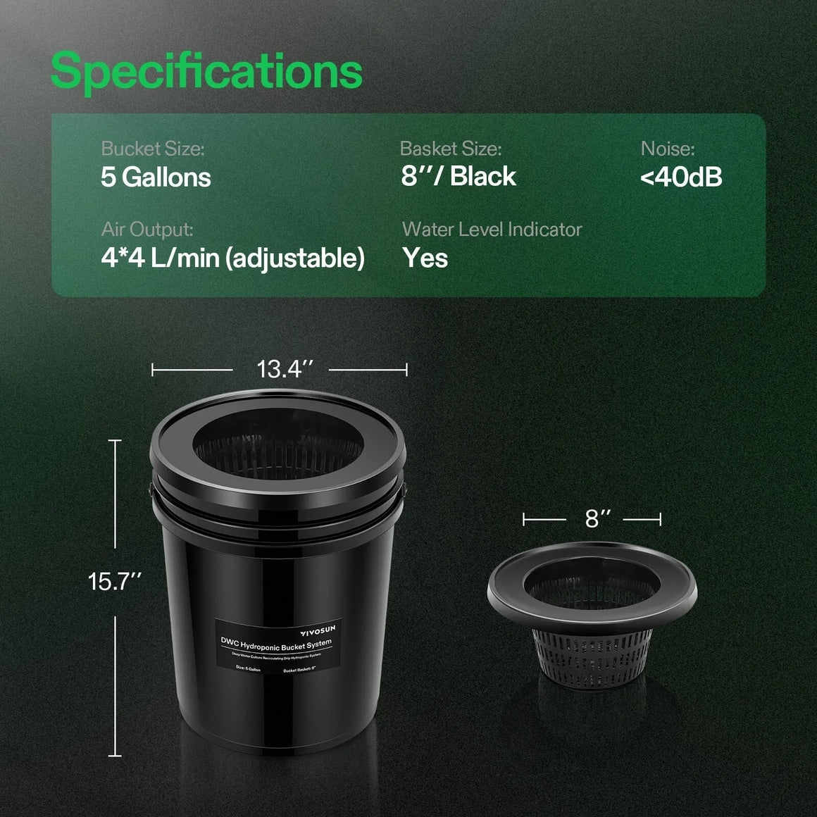 Vivosun 5-gallon DWC hydroponic bucket system with 8" black net pot, 13.4" diameter, 15.7" height.