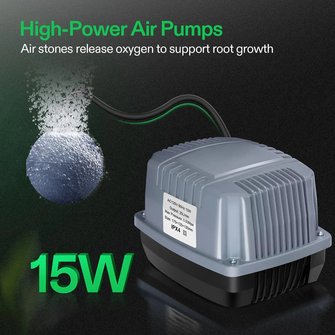 VIVOSUN 15W hydroponic air pump with air stone releasing oxygen bubbles for root growth.