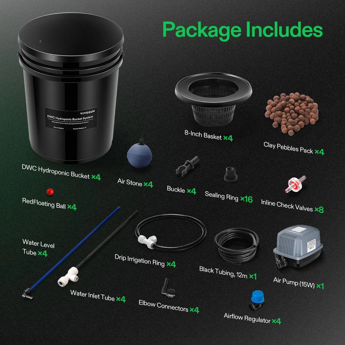 VIVOSUN 5-Gallon DWC Hydroponic System Kit with 4 buckets, baskets, clay pebbles, air pump, and accessories.