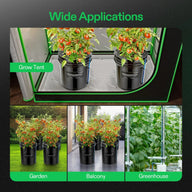 VIVOSUN 5-gallon DWC hydroponic systems shown growing tomatoes in a grow tent, garden, balcony, and greenhouse.