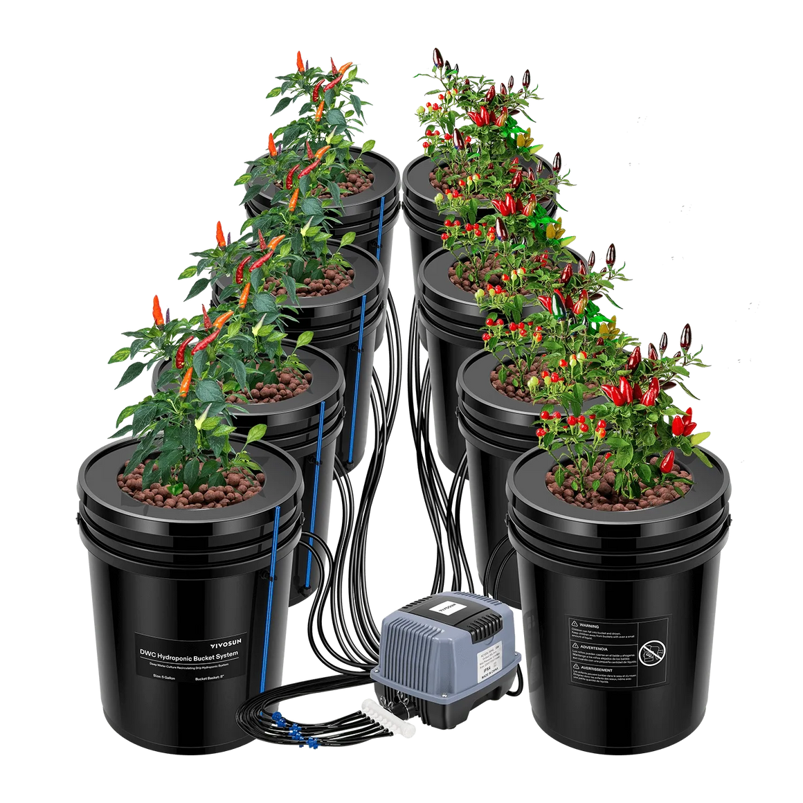 Vivosun 5-gallon DWC hydroponic kit with 8 buckets and pepper plants, air pump included.